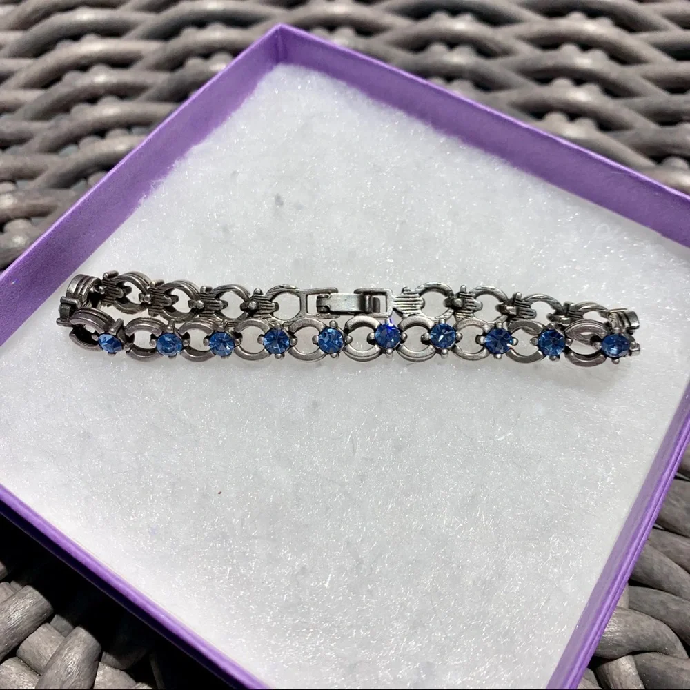 Silver-toned Link Bracelet with Blue Crystals